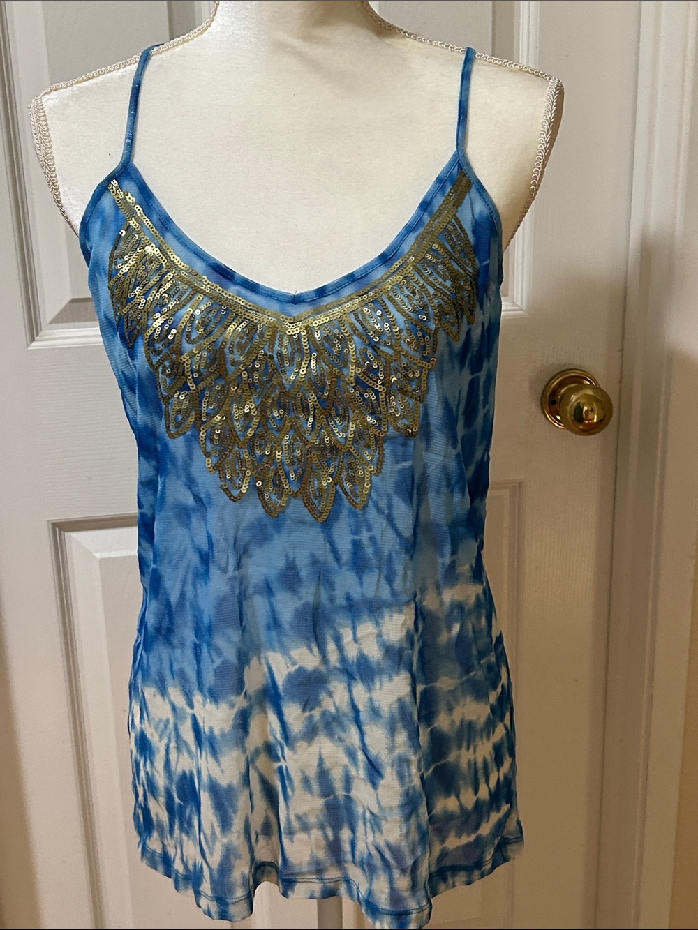 INC International Concepts Blue and White Tie-Dye Sequin Tank Top sheer